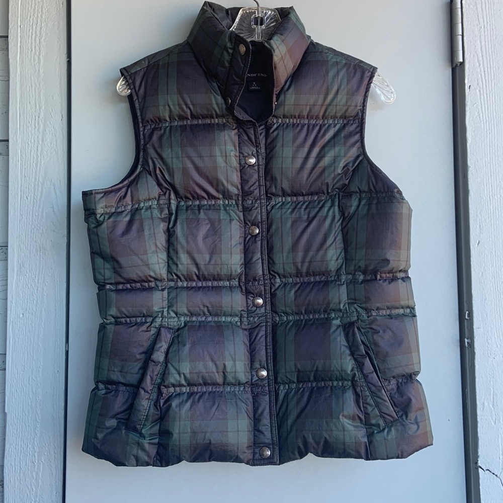 Lands' End Green Plaid Puffer Vest